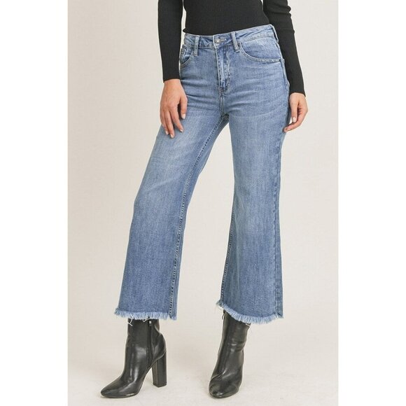 Risen Pants - Risen Meg Wide Leg Fray Crop Ankle Jeans